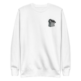 White crewneck sweatshirt with the Keepers in Iron meeple embroidered on the left chest