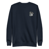 Navy crewneck sweatshirt with the Keepers in Iron meeple embroidered on the left chest