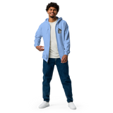Model wearing light blue hoodie with a embroidered Keepers meeple on the left chest