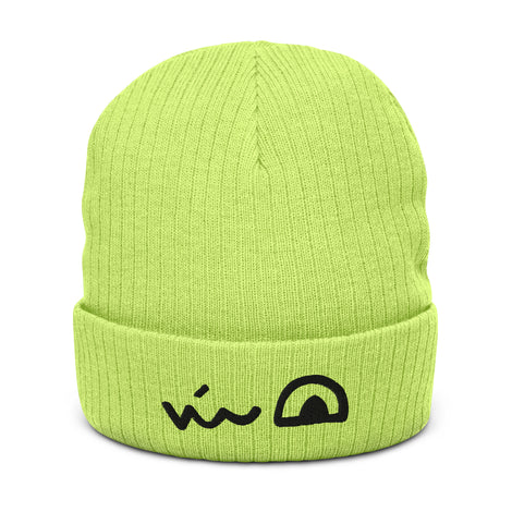 Bright (acid?) green beanie featuring the smirk of the Lizard Cult meeple embroidered on the folded brim.