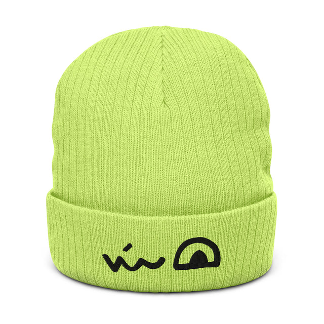 Bright (acid?) green beanie featuring the smirk of the Lizard Cult meeple embroidered on the folded brim.