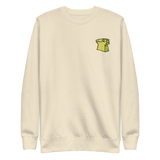 Cream crewneck sweatshirt with the Lizard Cult meeple embroidered on the left chest.
