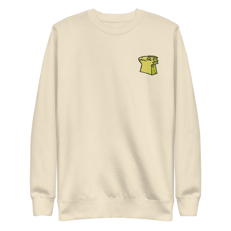 Cream crewneck sweatshirt with the Lizard Cult meeple embroidered on the left chest.
