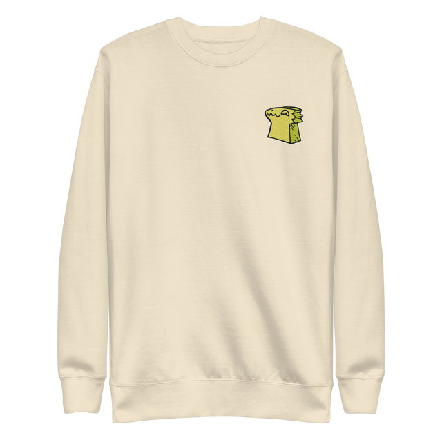 Cream crewneck sweatshirt with the Lizard Cult meeple embroidered on the left chest.