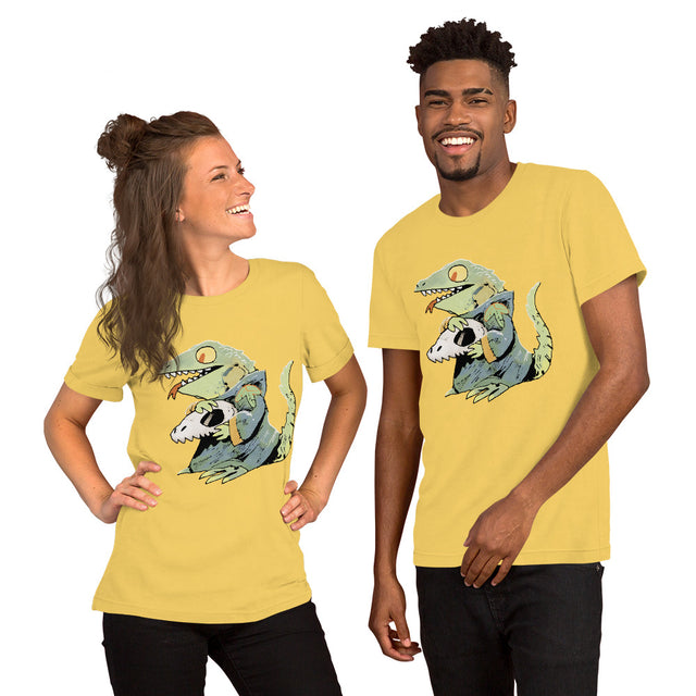 Two models wearing our yellow Lizard Cult t-shirt