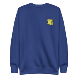 Blue crewneck sweatshirt with the Lizard Cult meeple embroidered on the left chest.