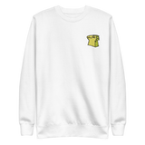 White crewneck sweatshirt with the Lizard Cult meeple embroidered on the left chest.