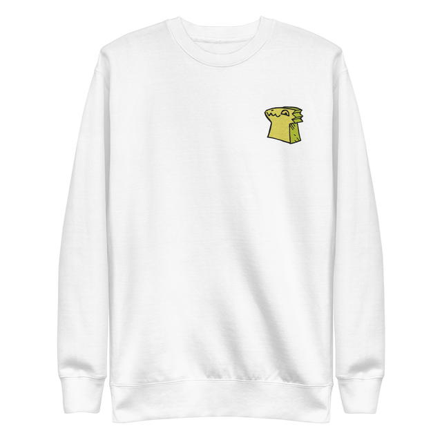 White crewneck sweatshirt with the Lizard Cult meeple embroidered on the left chest.
