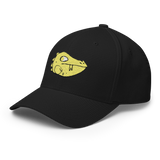 Three quarter view of a navy baseball cap featuring the Lizard Cult's VP marker embroidered on the front.