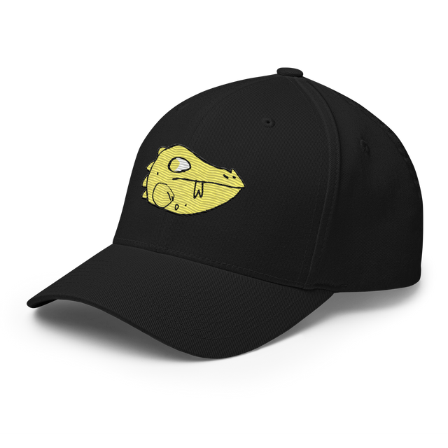 Three quarter view of a navy baseball cap featuring the Lizard Cult's VP marker embroidered on the front.