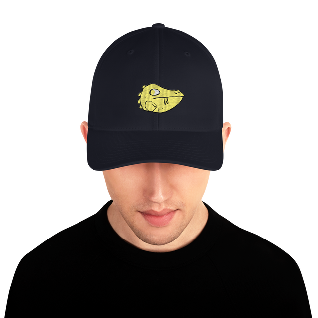 Model wearing a navy baseball cap featuring the Lizard Cult's VP marker embroidered on the front.