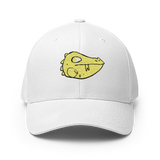 White baseball cap featuring the Lizard Cult's VP marker embroidered on the front.