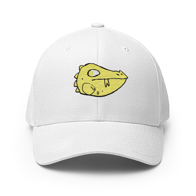 White baseball cap featuring the Lizard Cult's VP marker embroidered on the front.