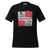 Black tee with a block-style Marauder character print
