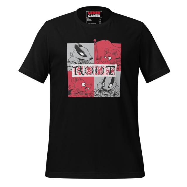 Black tee with a block-style Marauder character print