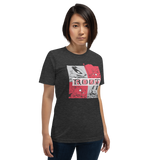 Model wearing Dark Grey tee with a block-style Marauder character print