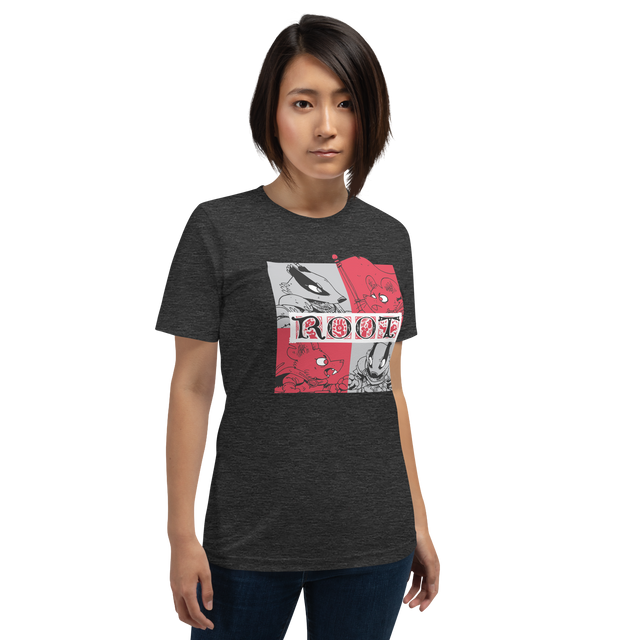Model wearing Dark Grey tee with a block-style Marauder character print
