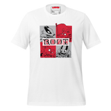 White tee with a block-style Marauder character print