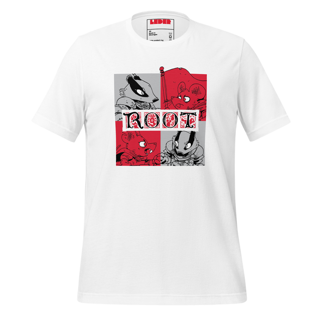White tee with a block-style Marauder character print