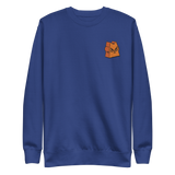 Blue crewneck sweatshirt with the Marquise de Cat meeple embroidered on the left chest.