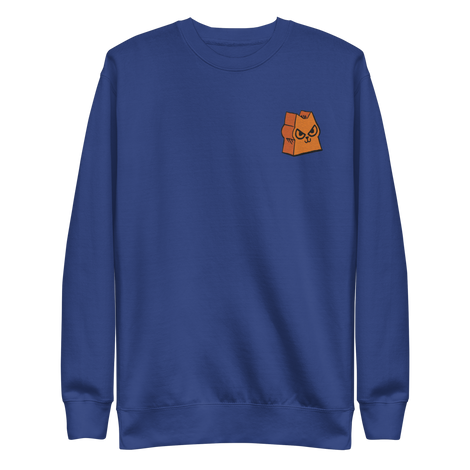 Blue crewneck sweatshirt with the Marquise de Cat meeple embroidered on the left chest.