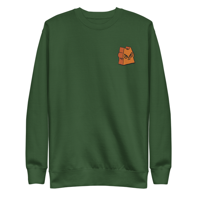 Green crewneck sweatshirt with the Marquise de Cat meeple embroidered on the left chest.