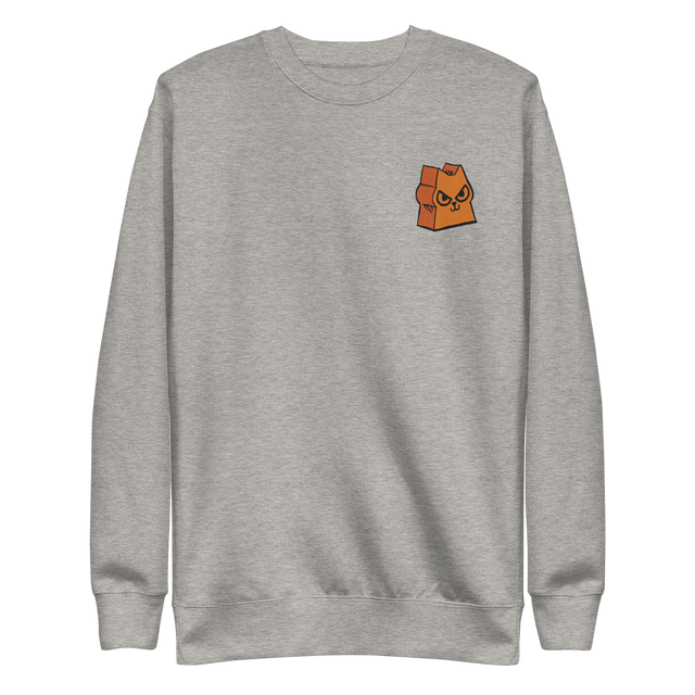 Light grey crewneck sweatshirt with the Marquise de Cat meeple embroidered on the left chest.