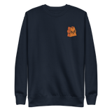 Navy crewneck sweatshirt with the Marquise de Cat meeple embroidered on the left chest.