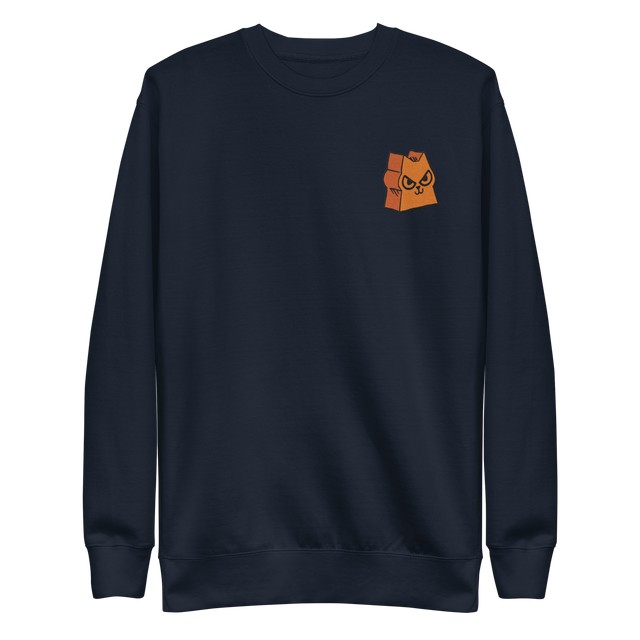 Navy crewneck sweatshirt with the Marquise de Cat meeple embroidered on the left chest.