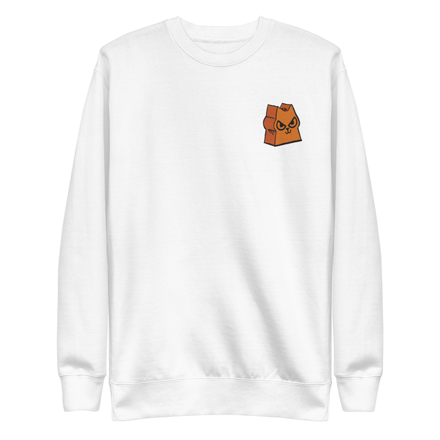 White crewneck sweatshirt with the Marquise de Cat meeple embroidered on the left chest.