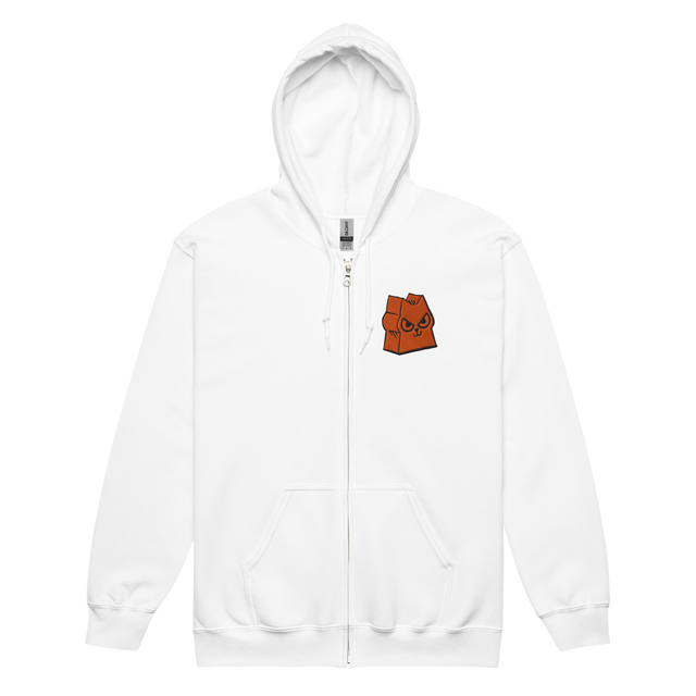 White zip hoodie with Marquise Meeple embroidered on left chest