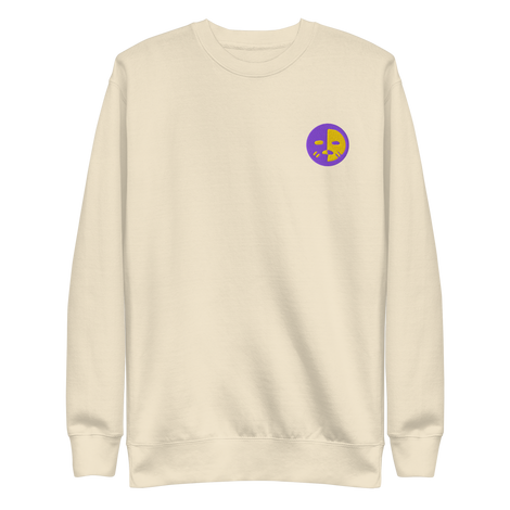 A bone white crewneck sweatshirt with the Chancellor Mask from Oath embroidered on the left chest.