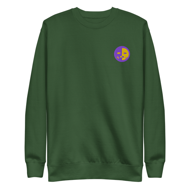 A green crewneck sweatshirt with the Chancellor Mask from Oath embroidered on the left chest.