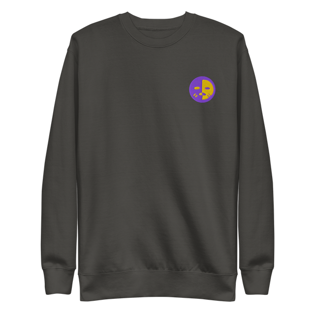 A slate grey crewneck sweatshirt with the Chancellor Mask from Oath embroidered on the left chest.