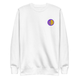 A white crewneck sweatshirt with the Chancellor Mask from Oath embroidered on the left chest.