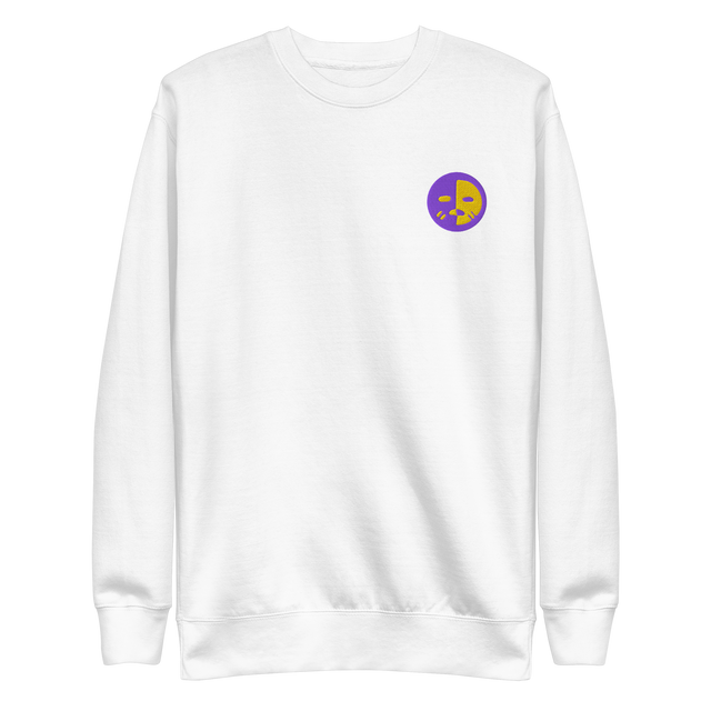 A white crewneck sweatshirt with the Chancellor Mask from Oath embroidered on the left chest.
