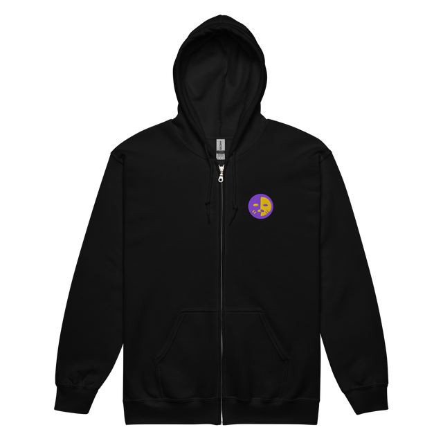 A black zip hoodie with the Chancellor Mask from Oath embroidered on the left chest.