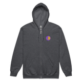A dark grey zip hoodie with the Chancellor Mask from Oath embroidered on the left chest.