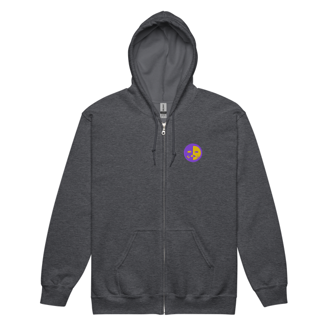 A dark grey zip hoodie with the Chancellor Mask from Oath embroidered on the left chest.