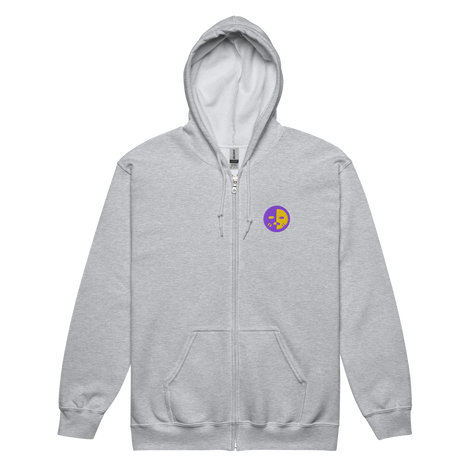 A light grey zipper hoodie with the Chancellor Mask from Oath embroidered on the left chest.