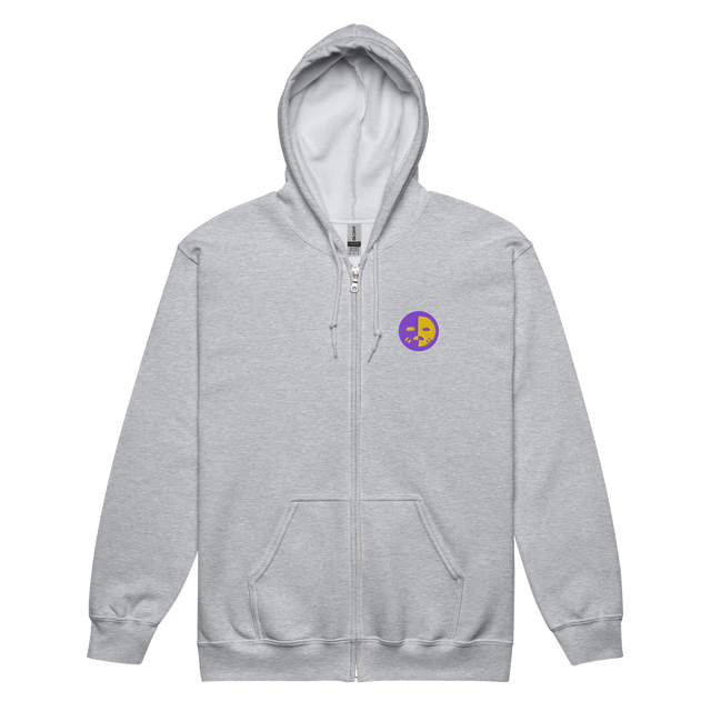 A light grey zipper hoodie with the Chancellor Mask from Oath embroidered on the left chest.