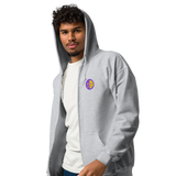 A model wearing a light grey zip hoodie with the Chancellor Mask from Oath embroidered on the left chest.