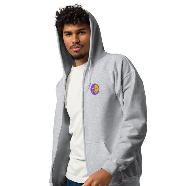 A model wearing a light grey zip hoodie with the Chancellor Mask from Oath embroidered on the left chest.