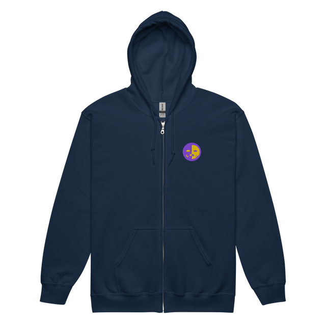 A navy zip hoodie with the Chancellor Mask from Oath embroidered on the left chest.