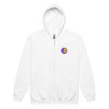 A white zipper hoodie with the Chancellor Mask from Oath embroidered on the left chest.