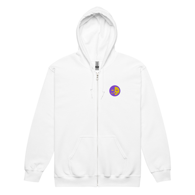 A white zipper hoodie with the Chancellor Mask from Oath embroidered on the left chest.