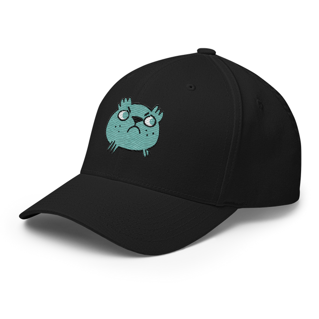 Three-quarter view of a Black baseball cap featuring the Riverfolk Company's VP marker embroidered on the front.