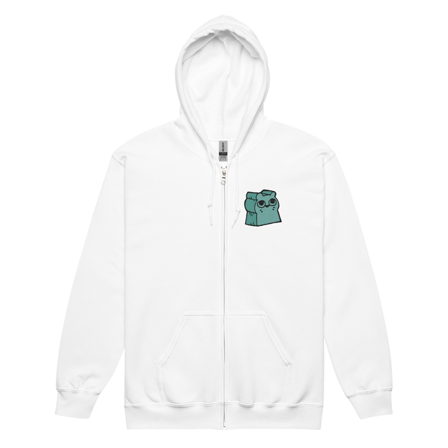 White Zip Hoodie with Riverfolk Otter meeple embroidered on left chest