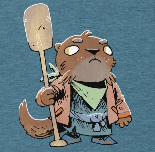 Close up of the print on our Riverfolk Otter t-shirt, shown on teal heather