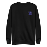 A black crewneck with the Corvid Conspiracy meeple embroidered on the left chest.